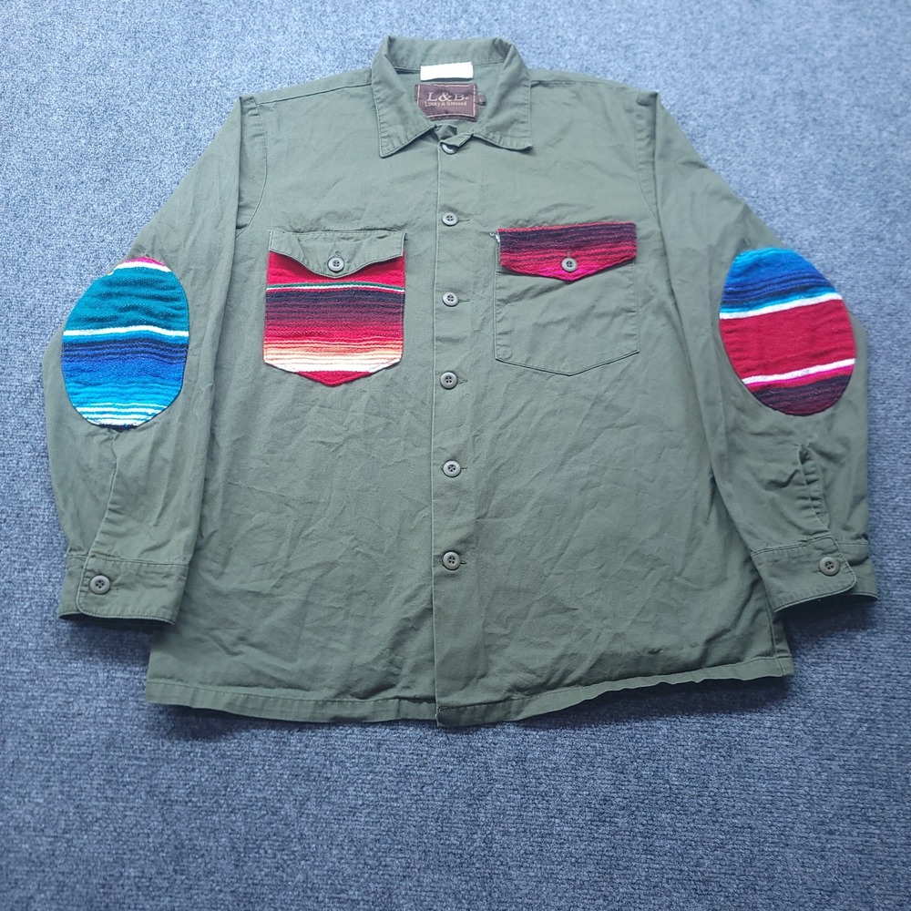 Lucky & Blessed L&B Olive Green Serape Patch Button Down Shirt Mens Large KL094